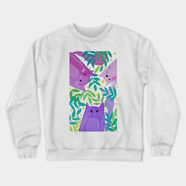 Cats and branches - purple and green Crewneck Sweatshirt by wackapacka